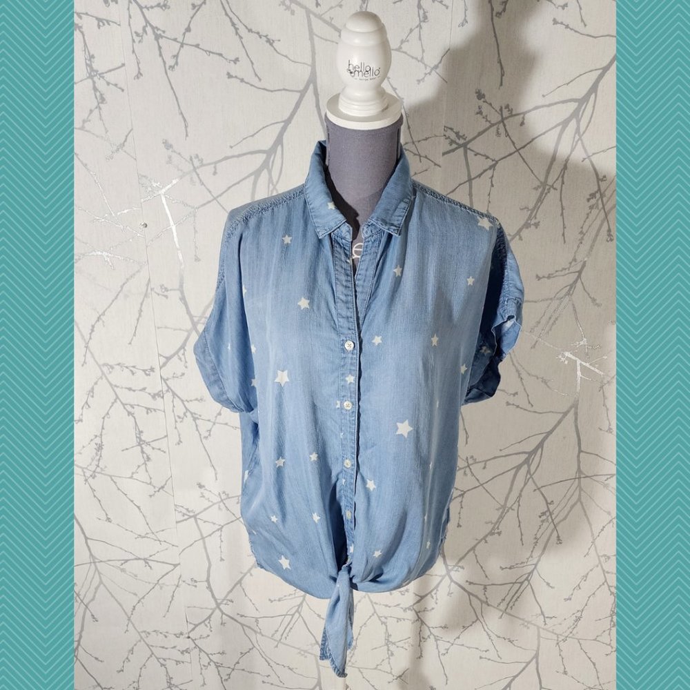 Jordache Blue Stars Printed Tencel Button Up Tie Front Blouse
